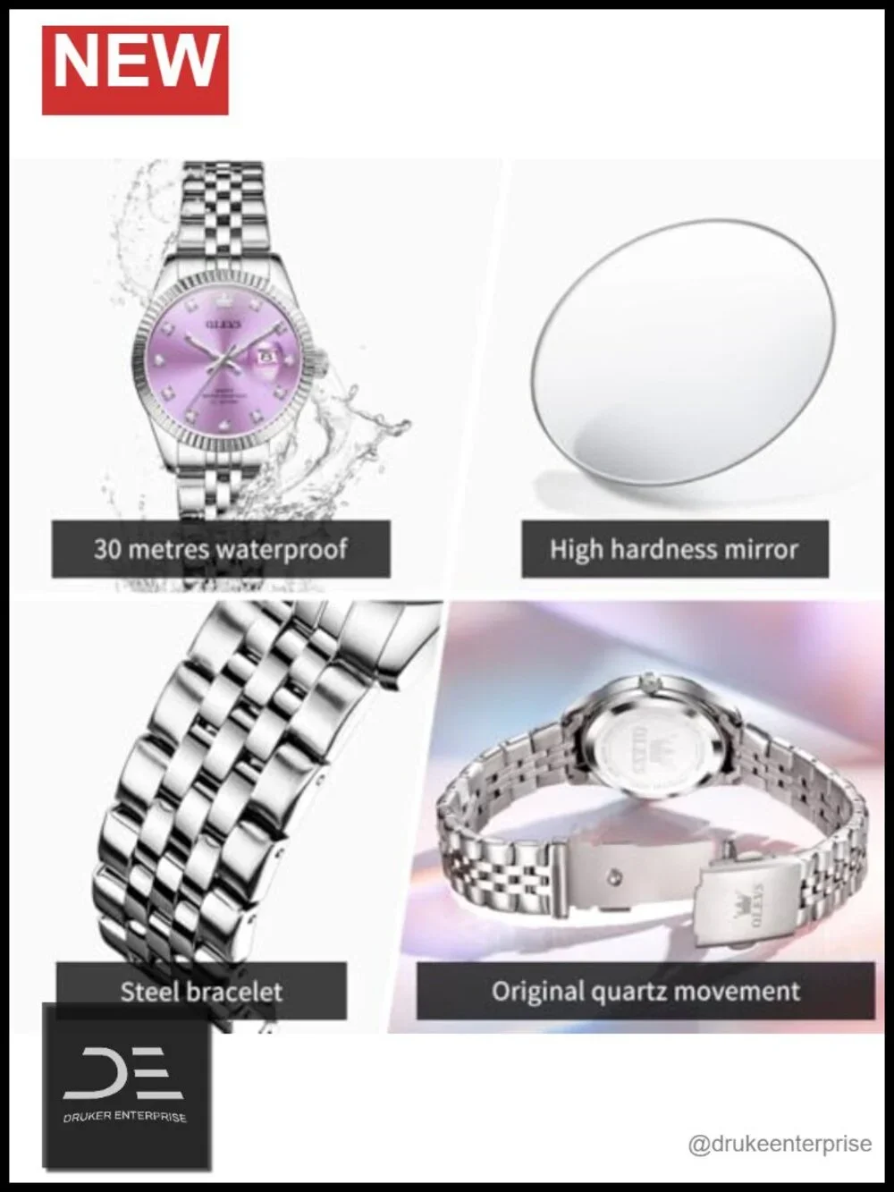 Luxury Diamond Women's Watch Stainless Steel Waterproof Analog Quartz Date